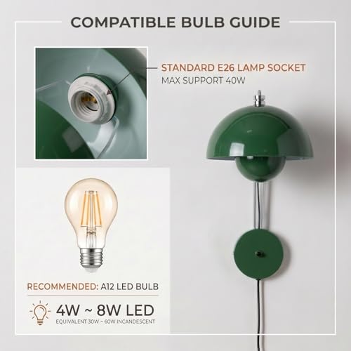 Image of Mid-Century Modern Bud Plug in Wall Sconces for Bedroom, Hunter Green | Indirect lighting reading wall lamp, all-metal construction, plug-in or hardwired install, fits bedroom bedside, living room