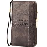 BOSTANTEN Wallets for Women Leather RFID Double Zipper Around Credit Card Holder Large Capacity Wristlet Clutch Wallet with Grip Hand Strap Coffee