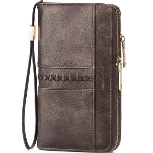 BOSTANTEN Wallets for Women Leather RFID Double Zipper Around Credit Card Holder Large Capacity Wristlet Clutch Wallet with Grip Hand Strap Coffee