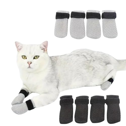 8 Pack Cat Mittens to Prevent Scratching, Adjustable Breathable Mesh Cat Booties & Claw Covers - Anti Scratch Gloves for Bathing, Nail Trimming - 4 Black & 4 Grey, Paw Inner Diameter up to 1.57 Inches