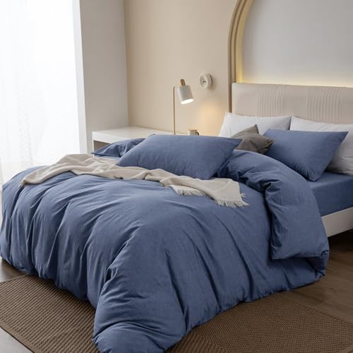 JIYUAN 100% Washed Cotton Duvet Cover Set 2 Pieces Twin, 1 Duvet Cover 68x90 Inches(Comforter Not Included) and 1 Pillowcase,Linen Like Comfy and Breathable,Heathered Blue