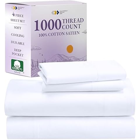 California Design Den 1000 Thread Count Queen Size Sheet Set, Winner Architectural Digest Best Sheet, Luxury 100% Cotton Sateen Bed Sheets, Softer Than Egyptian Cotton (White) Cover