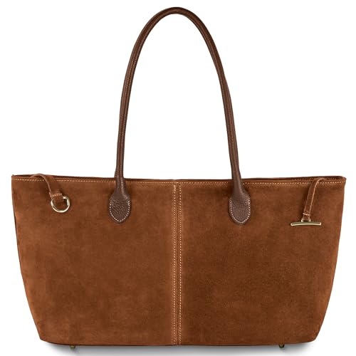 Italian Genuine Suede Tote Bag for Women with Long Handles & Relaxed Silhouette | Medium Designer Shoulder Satchel (Brown)