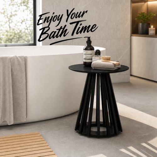 Image of HNY Round Fluted End Table, 19.7 inch Modern Black Side Table, Mid Century Wood Circle Bedside Tables Drink Table Nightstand for Bedroom, Living Room, Small Space