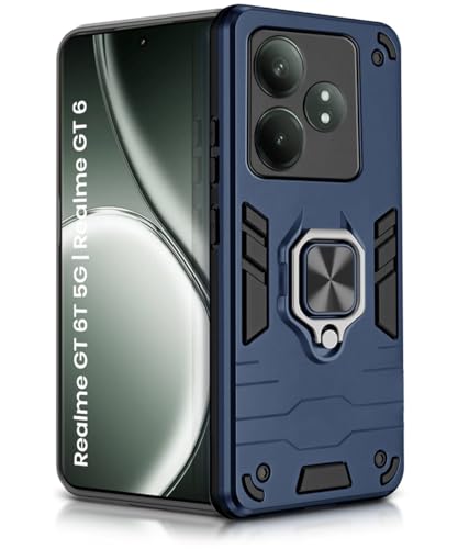 Image of WOW IMAGINE Shock Proof Back Case Mobile Cover for Realme GT 6T 5G | Realme GT 6 | Back Cover Case (Tough Armor | Hybrid PC + TPU | Ring Holder & in-Built Kickstand | Blue)