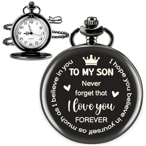 Image of Vintage Engraved Pocket Watch with Chain Fathers Day Birthday Graduation Xmas Valentines Day Gifts for Son Adult