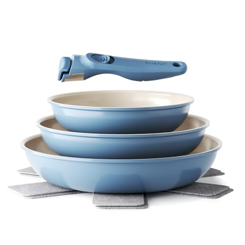 Redchef Set di Padelle da 6 pezzi con Manico Rimovibile, Padella in Ceramica con Antiaderente in Granito, Adatto All’Induzione, Padella 20, 24, 28 cm, Salvaspazio, Senza Ptfe & Pfoa & Pfas, Blu