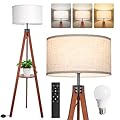 OUTON Dimmable Wood Tripod Floor Lamp with Shelves, Remote Control, Mid Century Modern Standing Lamp 58.5" for Bedroom, Living Room, and Office, Flaxen Lamp Shade Include E26 9W Bulb