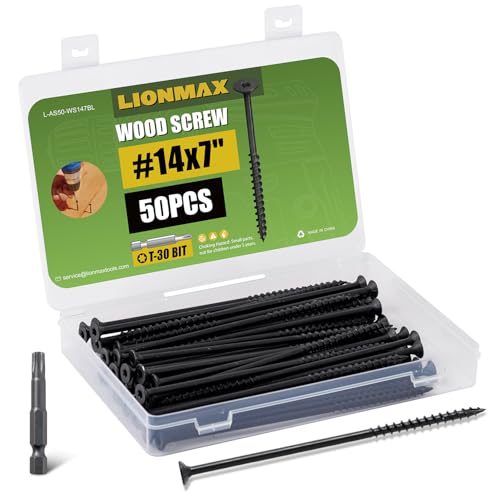 Image of LIONMAX Deck Screws #14 x 7 Inch, 50 PCS, Black Long Wood Screw, Rust Resistant, Exterior Epoxy Coated for Outdoor Decking, Torx /Star Drive Head, T30 Star Bit Included