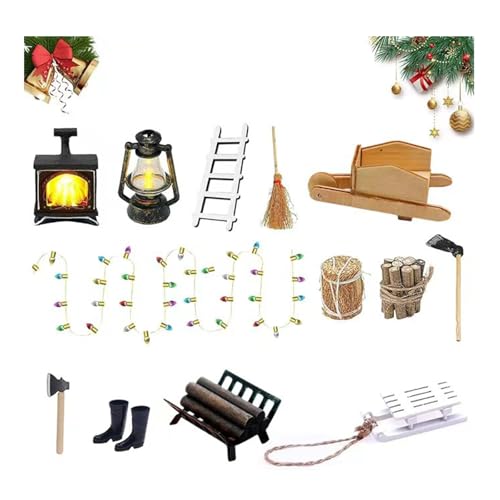 songyea Kit d'accessoires miniatures maison poupée - Accessoires lutin - Meubles Noël - Cheminée incandescente - Lampe à pétrole - Bottes foin - Bottes en caoutchouc - Chariot - Balai - Bois Petit