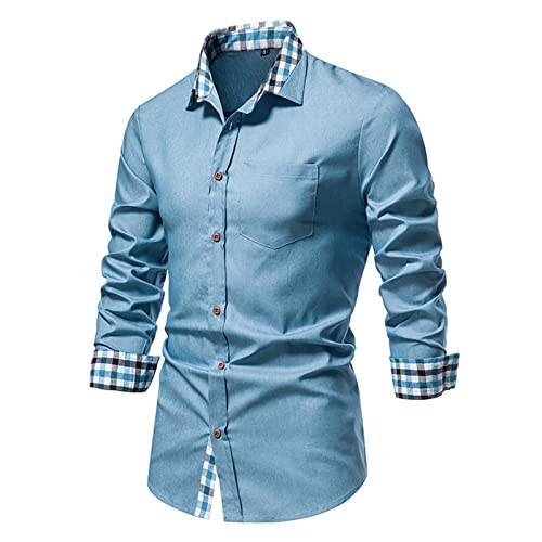 Men's Casual Long-Sleeved Denim Shirt Dress Button Down Shirts Denim Work Shirt Dress Shirt Plaid Collar Shirt2