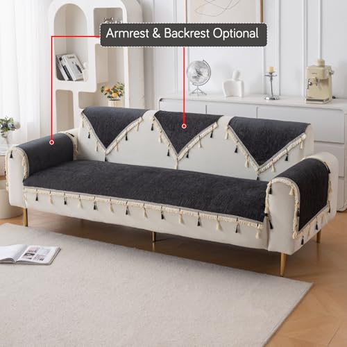 Image of HOKIPO 'Serenity Tassel' Chenille 3 Seater Sofa Cover with Tassel - Midnight Graphite (IN-892-DGRY)