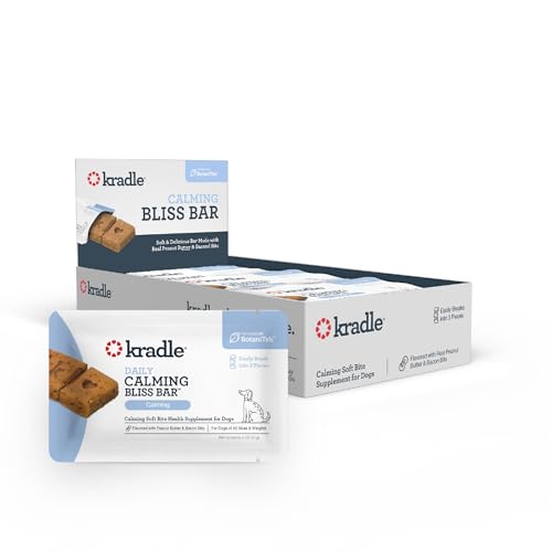 Image of Kradle Bliss Bars Calming Dog Treats for Stress, GABA & L‑Theanine, 12 Bars | Individually wrapped soft baked calming bars for dogs made with real peanut butter and bacon to keep pups calm and relaxed.