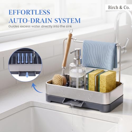 Image of Birch & Co. Kitchen Sink Caddy Organizer, Stainless Steel Countertop Storage Rack with Sponge Holders, Dishcloth Towel Bar & Brush Holder, Self-Draining Sink Organizer