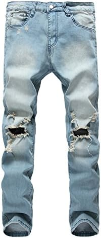 Men's Blue Slim Fit Cotton Stretch Destroyed Ripped Skinny Denim Jeans with Holes 32