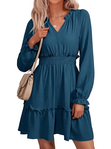 BerryGo Womens Long Sleeve Mini Dress Casual Ruffle Tieres High Waist V Neck A Line Boho Short Flowy Dresses Lake Blue XL
