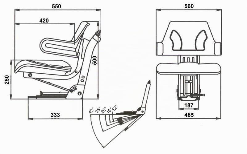 Siège de tracteur VS200 à suspension universelle pour machines agricoles – Cuir synthétique PVC, 50–120 kg, suspension 100 mm, réglage longitudinal et d’inclinaison, siège ergonomique pour tracteurs