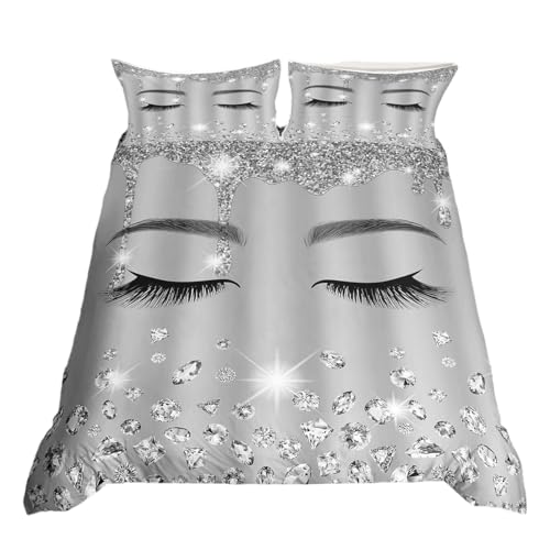 Image of Homewish Eyelash Single Duvet Cover Set Girls,Grey Giltter Sequins Bedding Set 3D Diamond Printed Luxurious Duvet Cover Silver Gray Bedspread Cover with Zipper,Princess Style Room Decor(Grey, Single)