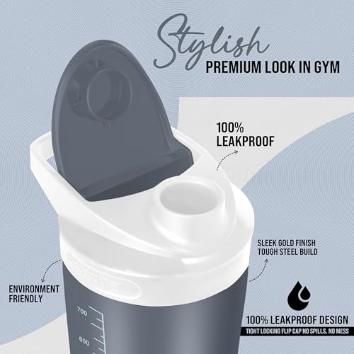 Image of Stainless steel shaker 700ml protein shaker bottle - leak proof 304 SS food grade steel, gym shaker, shaker bottles for protein, steel shaker for gym (Gray)