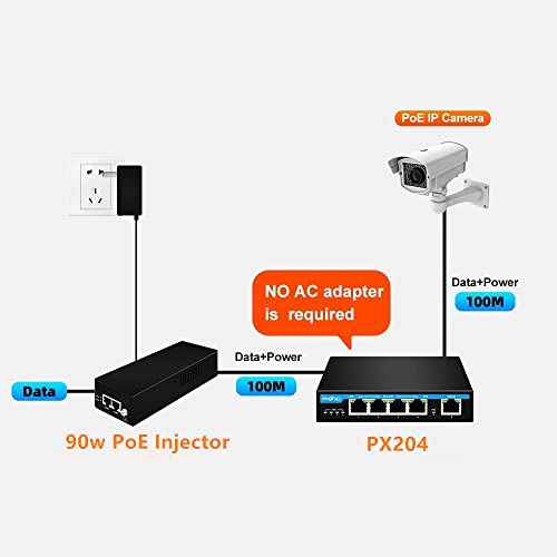 Image of PX204 4 Port Gigabit PoE Powered Switch Extender, IEEE802.3af /at /bt PoE Passthrough Switch, 1 Port 90W PoE++ in, 4 Port PoE+ 30W Out PoE Repeater for Camera,VOIP