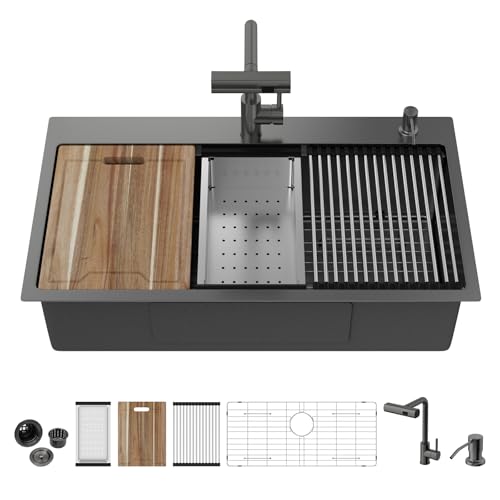 Kichae - Fregadero de cocina de 33 pulgadas con grifo de cascada, estación de trabajo, color negro plomizo, acero inoxidable, calibre 16, montaje superior, fregadero de cocina de un solo tazón