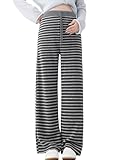 RUNQHUI Umstandshose Damen Hohe Taille Weites Bein Freizeithose mit Streifendruck Umstandsmode Lang Stretch Lose Gerade Hose Grau M