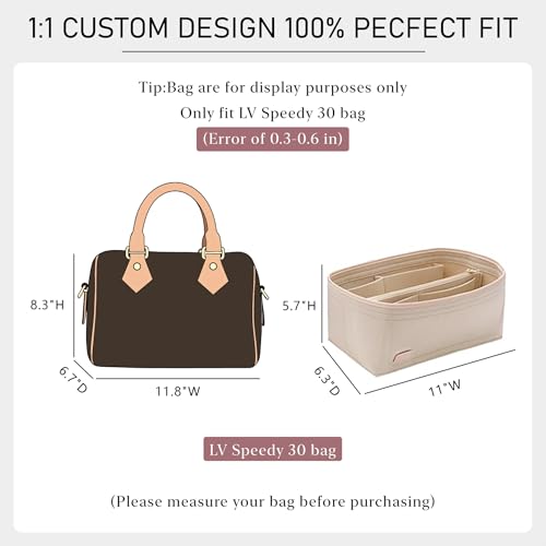 OAikor Purse Organizer Insert Compatible with LV Speedy 30 Bag Insert,Premium Felt Lightweight 30 Bag Organizer with Base Shaper, Tote Handbag Inner Divider Purse Accessories with Zipper Pocket,Beige