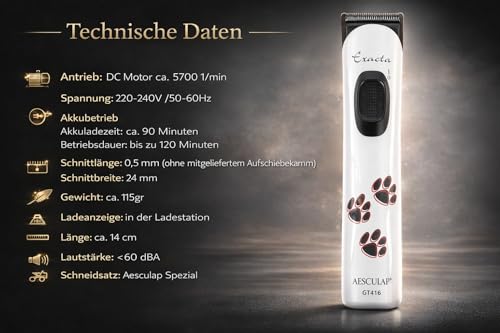 Aesculap Exacta Schermaschine/Tiertrimmer/Pfotentrimmer/Gesichtstrimmer. Akkubetrieben (Li-Ionen Akku) mit Tasche. 43528