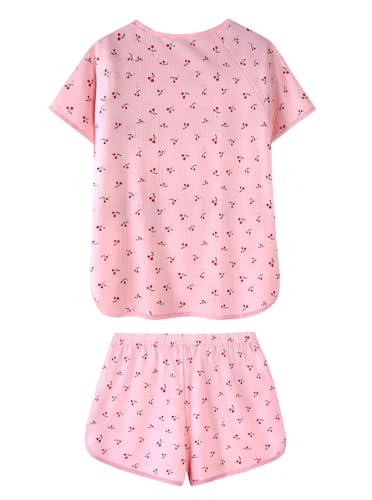 Image of Hilinker Women Cute Cherry Pajama Set Short Sleeve Top with Shorts Sleepwear 2 Piece Lounge Sets Pink Red Cherry Small