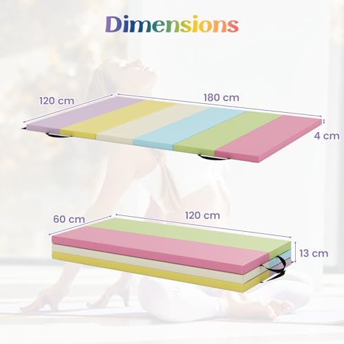 FANTASK Klappbare Weichbodenmatte, 180 x 120cm, Fitnessmatte aus PU 3 fach faltbar, Weichbodenmatte mit Tragegriff, Sportmatte Spielmatte zuhause für Kinder Erwachsene, Macaron