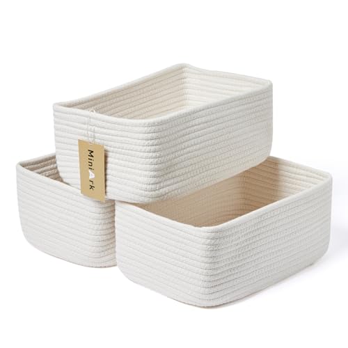Image of MiniArk Small Storage Baskets for Organizing | Closet Organizer Bins | Shelf Toy Basket | Woven Rope Baskets | Cube Decorative Box | Shallow Basket | 11.5x7.5x4.7” | 3 Packs Off White