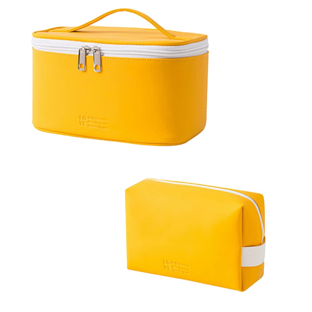 LYDZTION Makeup Bag Cosmetic Bag for Women,2Pcs Portable Travel Bag Large Travel Toiletry Bag Beauty Zipper Organizer for Girls,PU Leather Washable Waterproof,Yellow