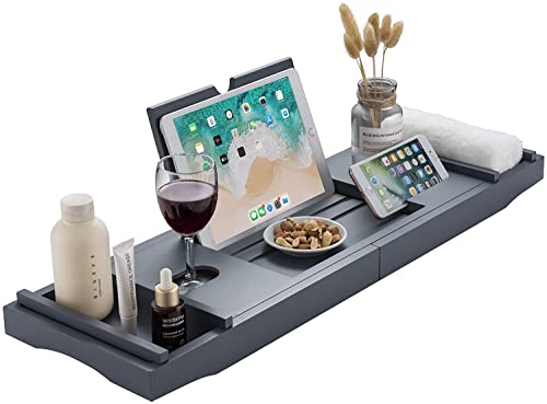 Unibos Extendable Bath Tub Caddy Bathroom Trays with Tablet Phone Slots, Candle Mug/Cup Holder, Bathroom Organiser Soap Holder - Grey (Grey - With Folding Leg)