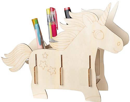 Pebaro 477/1 Holzbausatz Laser Cut Stiftehalter Einhorn, 3D Puzzle, Basteln mit Holz, Holzpuzzle, vorgestanzte Holzplatte, inkl. Schmirgelpapier, ausbrechen, zusammenstecken, fertig, Geschenkidee