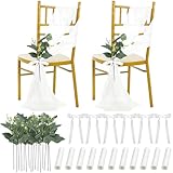 VitalCozy 24 Set Wedding Chair Decoration Ceremony Chiffon Chair Sashes Cover with Ribbon and Artificial Eucalyptus Leaves Stems Greenery Church Pew Tulle Bows for Wedding Bride Shower Aisle Decor