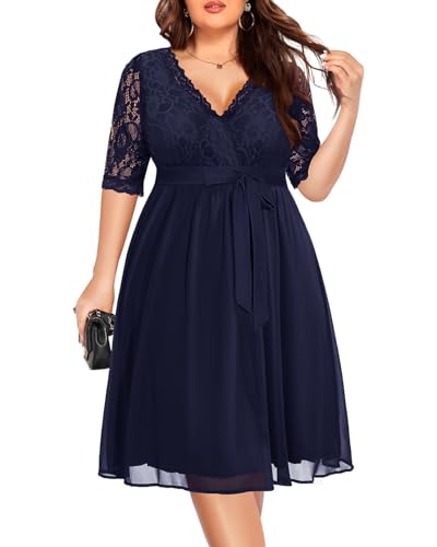 Pinup Fashion Plus Size Lace Chiffon Wrap V Neck Dresses Women Cocktail Wedding Guest Midi Dress2