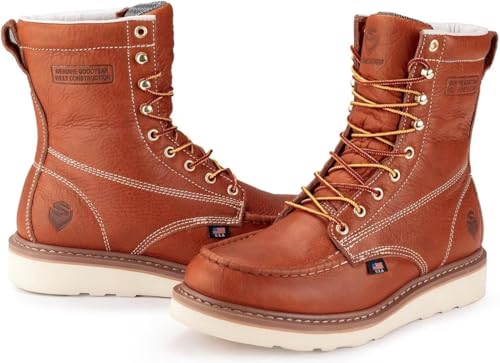 SUREWAY Mens 8 in Wedge Moc Soft/Steel Toe Work Boots for Men,Full-Grain Leather,Goodyear Welt,EH,Safety Industrial Construction Boots/Shoes for Women,Soft Toe Light BROWN,Size 114