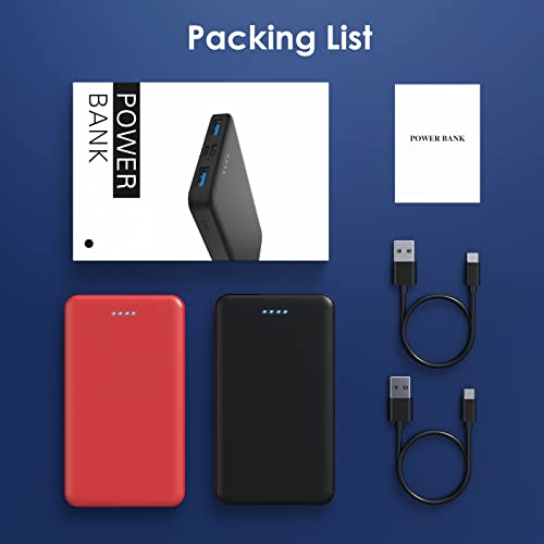 [2 Pack] Portable Charger Power Bank 10000Mah,Ultra Slim Compact External Battery Pack With Usb C Input & Dual Usb Outputs Backup Charger Compatible With Iphone 13,12, Samsung S20,Tablet-Black+Red #TOP6
