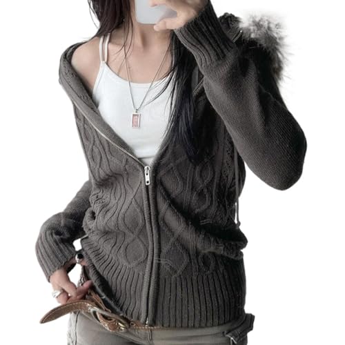 LRF Knitted Oversized Fur Collar Cozy Trendy Sweater Cute Sexy Casual Vintage Warm Blown Gray Sweater