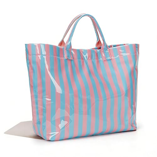 Image of Lushandy Striped PVC Tote Bag for Women, Waterproof Plastic Tote Bag for Beach Pool Large Top Handle Travel Hobo Handbag | Waterproof Material