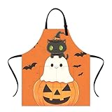 THISFIND Cute Spooky Halloween Apron with Two Pockets Adjustable for Women - Black Cat, Ghost & Pumpkin Combo for Cute Baking, Girls‘ Night, Fun Gift for Her