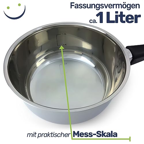 Foto von Gravidus Edelstahl Stielkasserolle Ideal für energiesparendes Kochen Zubereitung verschiedenster Speisen - Maße: ca. 32,5 x 17,5 x 8 cm