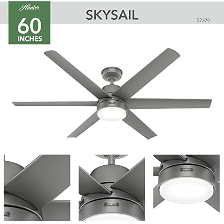 Hunter 60 inch Outdoor or Indoor Ceiling Fan with LED Light - White Ceiling Fan with Wall Control, For Patio, Garage, or Porch, Quiet, Standard Mount, 6 Blades - Skysail 52370, Fresh White
