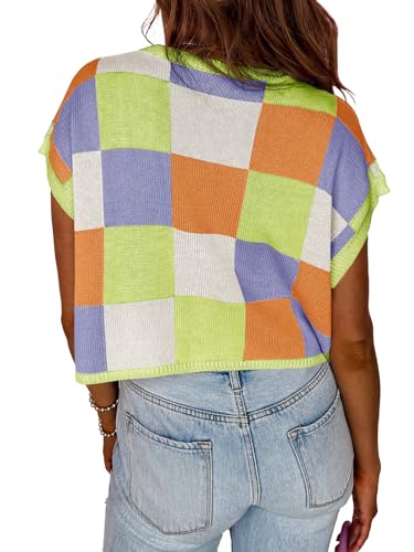 Image of Saodimallsu Womens Cap Sleeve Crop Tops Summer Color Block Going Out Crew Neck Knit Trendy Casual Sweater