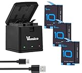Vemico Hero 11 Hero 10 Hero 9 Akku Ladegerät Kit 3 Pack 1800mAh Ersatzakkus Typ-C LED 3-Kanal Ladegerät für GoPro Hero 11 Black/Hero 10 Black/Hero 9 Black/AHDBT-901 (Vollkompatibel mit Original)