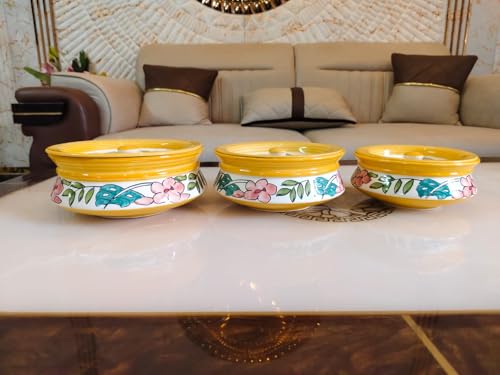 Image of Niyara Handcrafted Ceramic Casserole Set of 3 with Lids | Yellow Floral Printed Multipurpose Serving Bowls | Ideal for Curry, Rice, Dal, Snacks & Dinner Table | Microwave & Dishwasher Safe