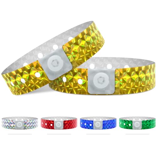 100 Holographic Wristbands, Waterproof Vinyl Wristbands for Events, Parties, Festivals, Concerts (GOLD)