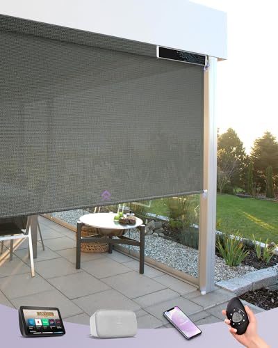 Graywind Motorized Outdoor Shades for Patio, Compatible with Alexa & Google, Solar Powered Electric Roller Shades for Outside, Custom Size (3% Openness AegisLite Shadow)
