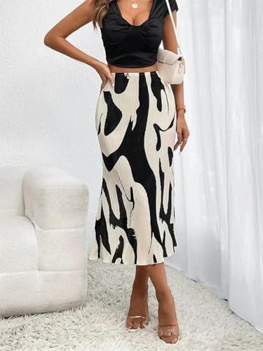 Women Casual Graphic Print Pleated Elastic High Waist Geometry Long Skirts Beige3