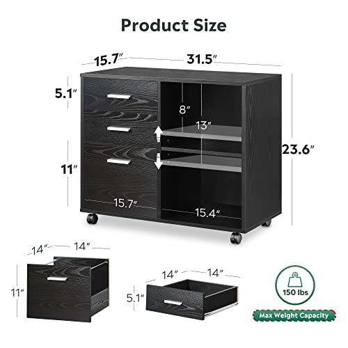 Devaise 3-Drawer Wood File Cabinet, Mobile Lateral Filing Cabinet, Printer Stand With Open Storage Shelves For Home Office, Black #TOP4